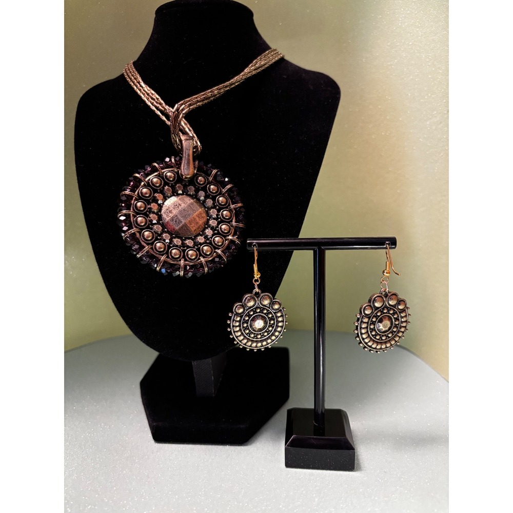 Boho Bronze Tone Red Blue Crystal Statement Pendant Necklace and Earring Set - Picture 3 of 8